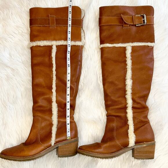 Michael Kors Casey Over The Knee Boots Leather Shearling Lined Buckle Heeled - Picture 8 of 14